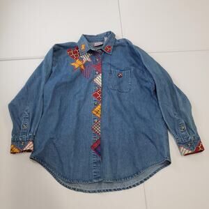 Premier International Denim Shirt Womens Large Blue Patchwork Hearts Stars